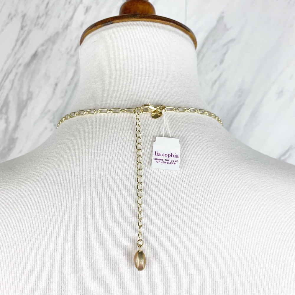 Lia Sophia Gold Tone Flower Drop Necklace Pearl Accents Long Chain Sophisticated - Picture 2 of 5